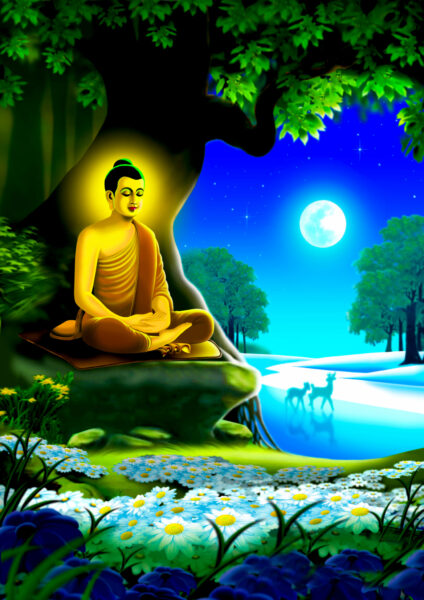 ảnh đức phật ngồi thiền giữa thiên nhiên