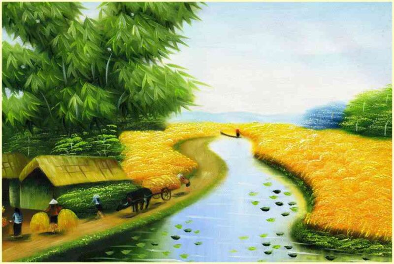 ảnh làng quê Việt Nam khi mùa lúa chín qua tranh vẽ