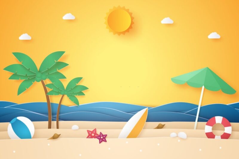 Thời gian mùa hè, biển và bãi biển với cây dừa và các thứ, phong cách nghệ thuật giấy