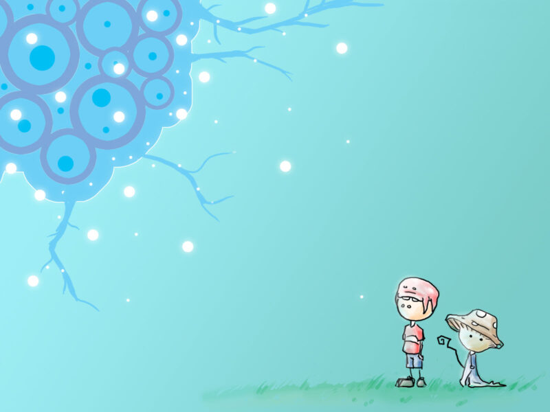 Background xanh dương hoạt hình đôi bạn