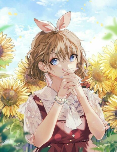 Hình ảnh anime cô gái khoe sắc bên hoa hướng dương