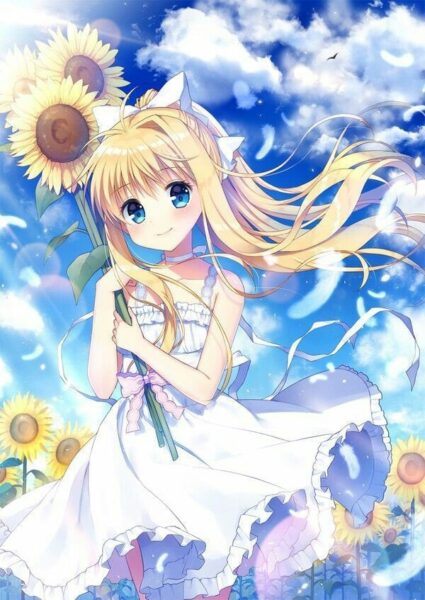 Hình ảnh cô gái anime cầm hoa hướng dương