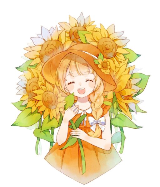 Hình ảnh anime hoa hướng dương cô bé cười