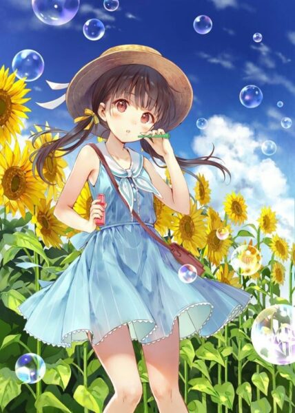 Hình ảnh anime hoa hướng dương cùng bong bóng