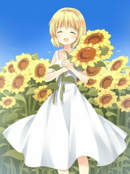 Hình ảnh anime hoa hướng dương cùng cô bé váy trắng