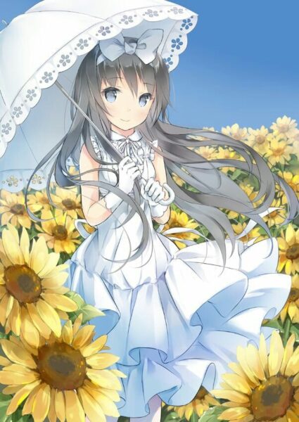 Hình ảnh anime hoa hướng dương cùng cô gái cầm ô
