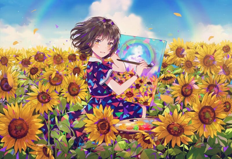 Hình ảnh anime hoa hướng dương cùng cô gái đang vẽ