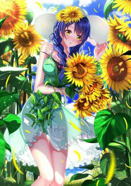 Hình ảnh anime hoa hướng dương cùng nàng váy xanh