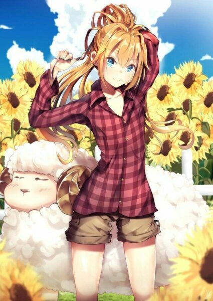 Hình ảnh anime hoa hướng dương cùng những chú cừu