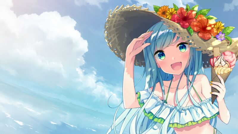 hình ảnh cô gái anime hạnh phúc dưới bầu trời xanh trong