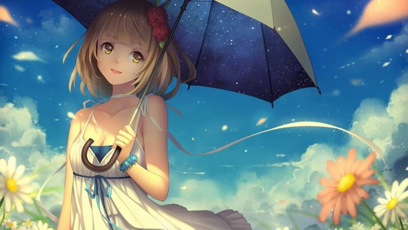 glückliches Anime-Mädchen und Blumenbilder