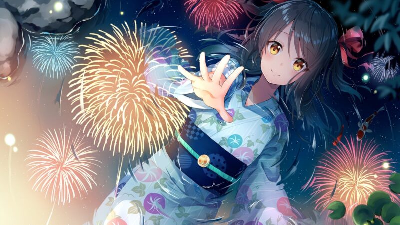 hình ảnh anime vui vẻ pháo hoa năm mới