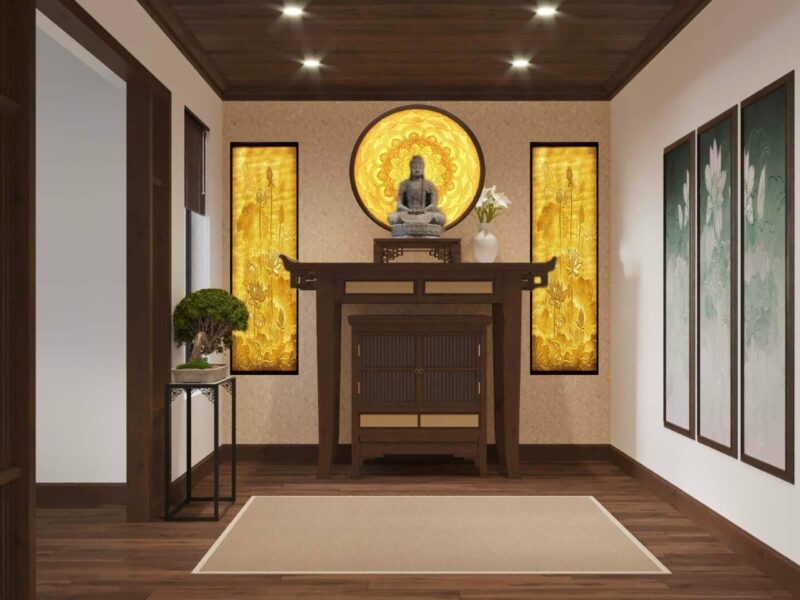Ein Bild eines Altars mit einer Statue von Guan Yin Buddha