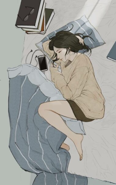 hình ảnh buồn một mình của cô gái nằm trên giường anime