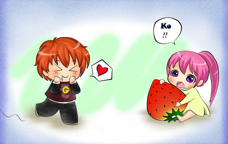 Chibi-Bild der Liebe auf der linken Seite der Erdbeere