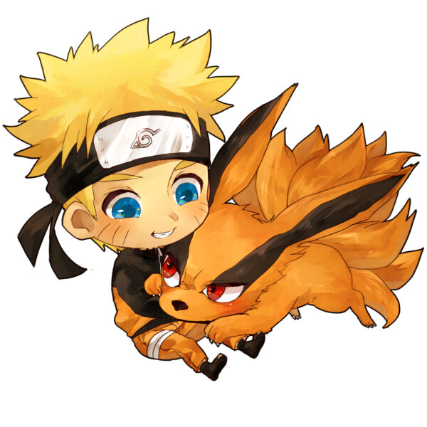 Hình ảnh Naruto chibi chơi đùa cùng Kurama