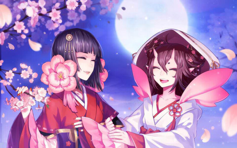 Hình ảnh Sakura và Tomoyo mặc Kimono bên hoa anh đào
