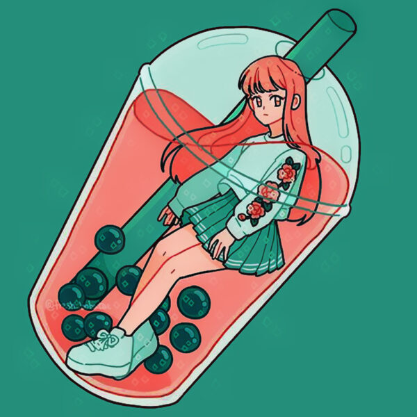 Hình ảnh trà sữa hoạt hình có cô gái bên trong