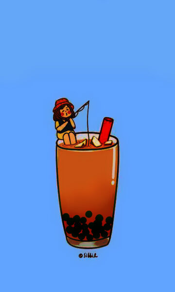 Hình ảnh trà sữa hoạt hình có cô gái câu cá