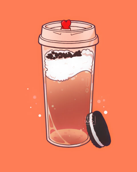 Hình ảnh trà sữa hoạt hình với bánh oreo