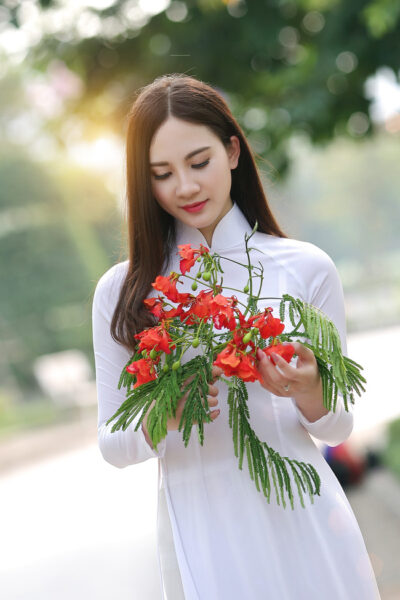 Hình cô gái cầm hoa phượng đỏ