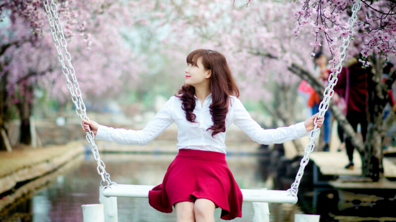 hình nền hot girl cho máy tính ngồi trên xích đu trong vườn hoa anh đào