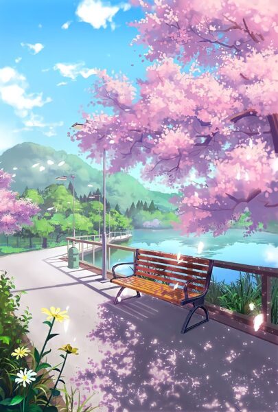hình nền phong cảnh anime hoa anh đào và ghế gỗ