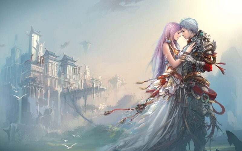 hình nền tình yêu lãng mạn anime cặp đôi dưới toà lâu đài