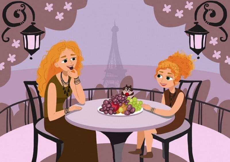 Hình vẽ mẹ và con gái cùng ăn trái cây