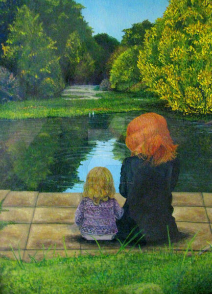 Hình vẽ mẹ và con gái cùng nhau gắm phong cảnh