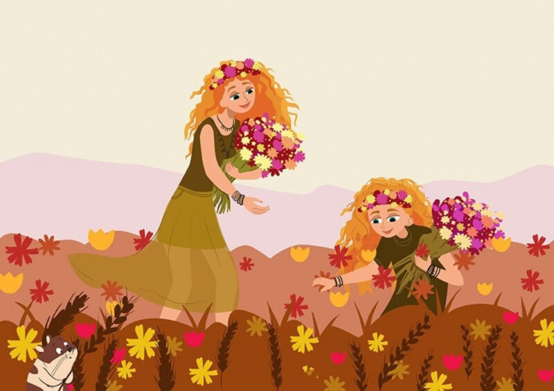 Hình vẽ mẹ và con gái cùng nhau hái hoa