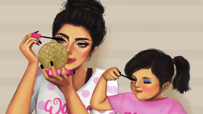 Hình vẽ mẹ và con gái cùng nhau make up