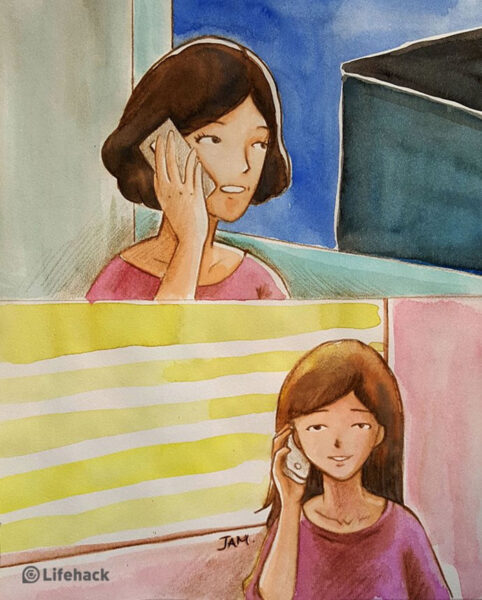 Hình vẽ mẹ và con gái đang gọi điện cho nhau