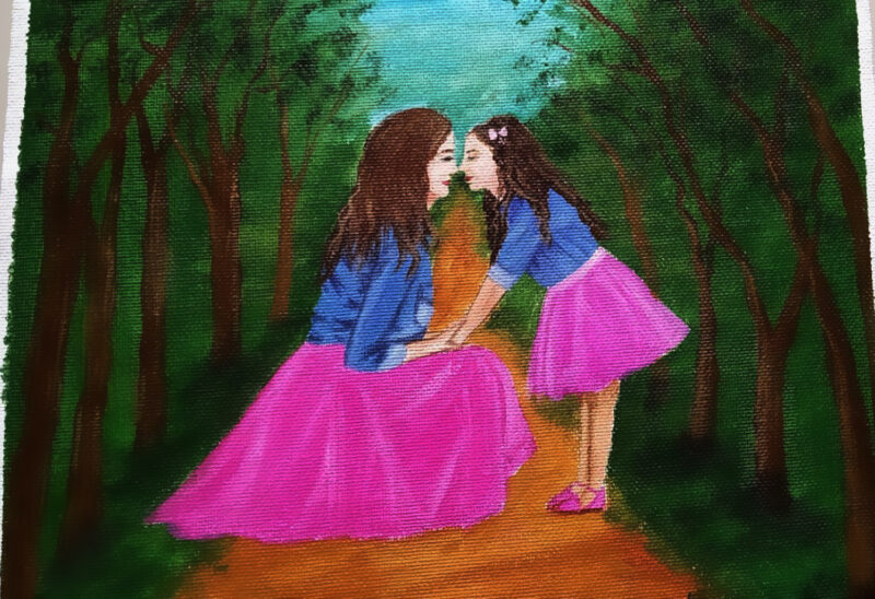 Hình vẽ mẹ và con gái đi dạo trong khu rừng