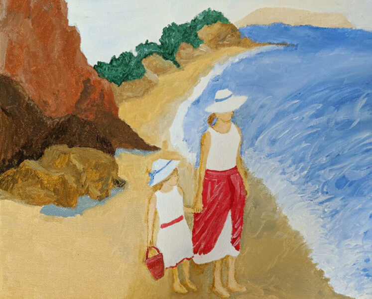 Hình vẽ mẹ và con gái đi dọc bờ biển