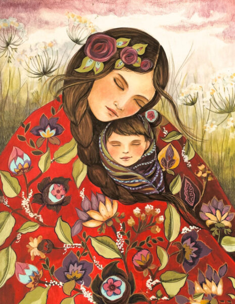 Hình vẽ mẹ và con gái mặc đồ hoa