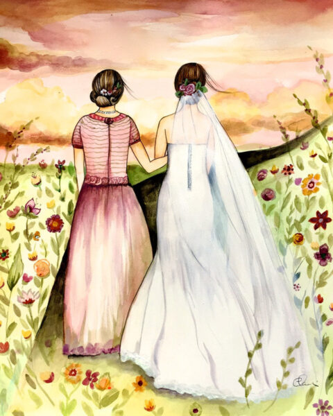 Hình vẽ mẹ và con gái mẹ cầm tay con vào lễ đường