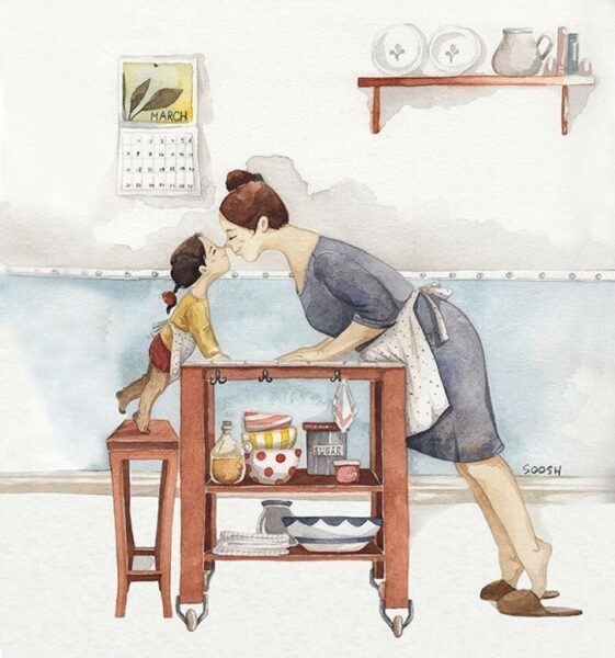 Hình vẽ mẹ và con gái trong bếp nấu ăn