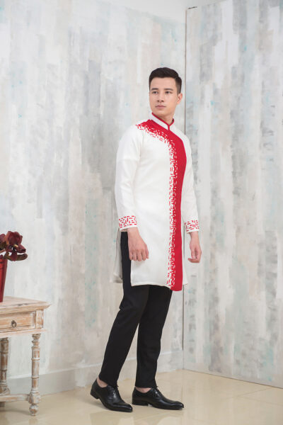 Mẫu áo dài cách tân nam giới đỏ trắng