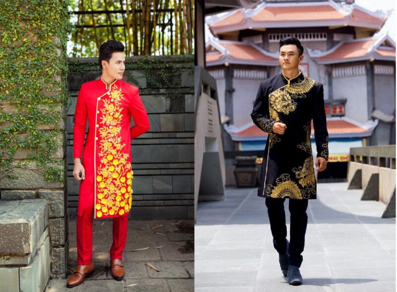 Mẫu áo dài cách tân nam giới màu đỏ và màu đen