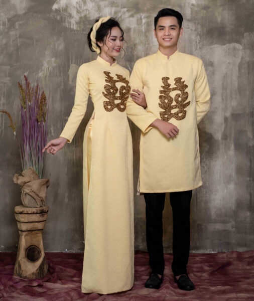 Mẫu áo dài cưới màu vàng kem