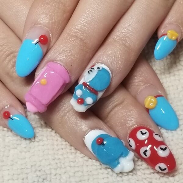 Mẫu nail Doraemon đắp gel nổi