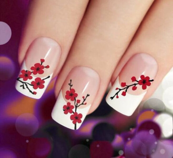 mẫu nail hoa đào trắng đầu móng đẹp đơn giản đón xuân