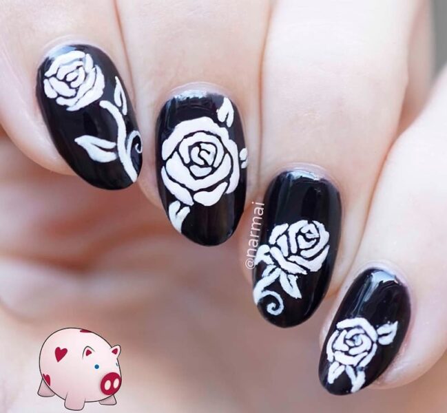 mẫu nail hoa hồng trắng nền đen