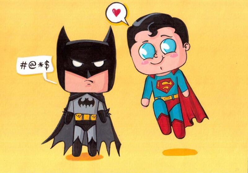 Ảnh chibi siêu nhân và batman nền vàng