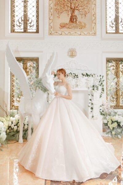 Ảnh cô dâu đơn bên cạnh ngựa có cánh