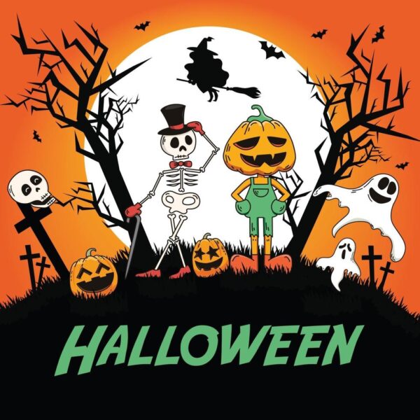 Ảnh Halloween cho điện thoại - bí ngô và bộ xương