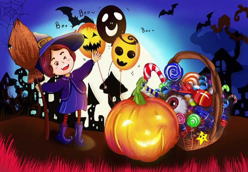 Hình ảnh Halloween dễ thương - phù thủy và giỏ quà halloween