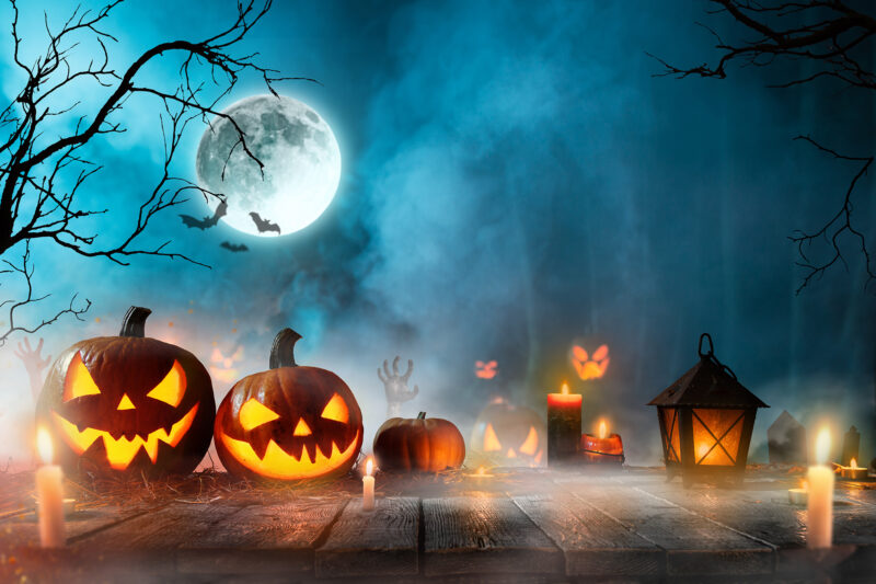 Bí ngô Halloween trên khu rừng ma quái tối tăm.