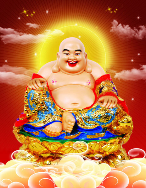 Bild von Maitreya Buddha, der auf einer rosa Wolke sitzt